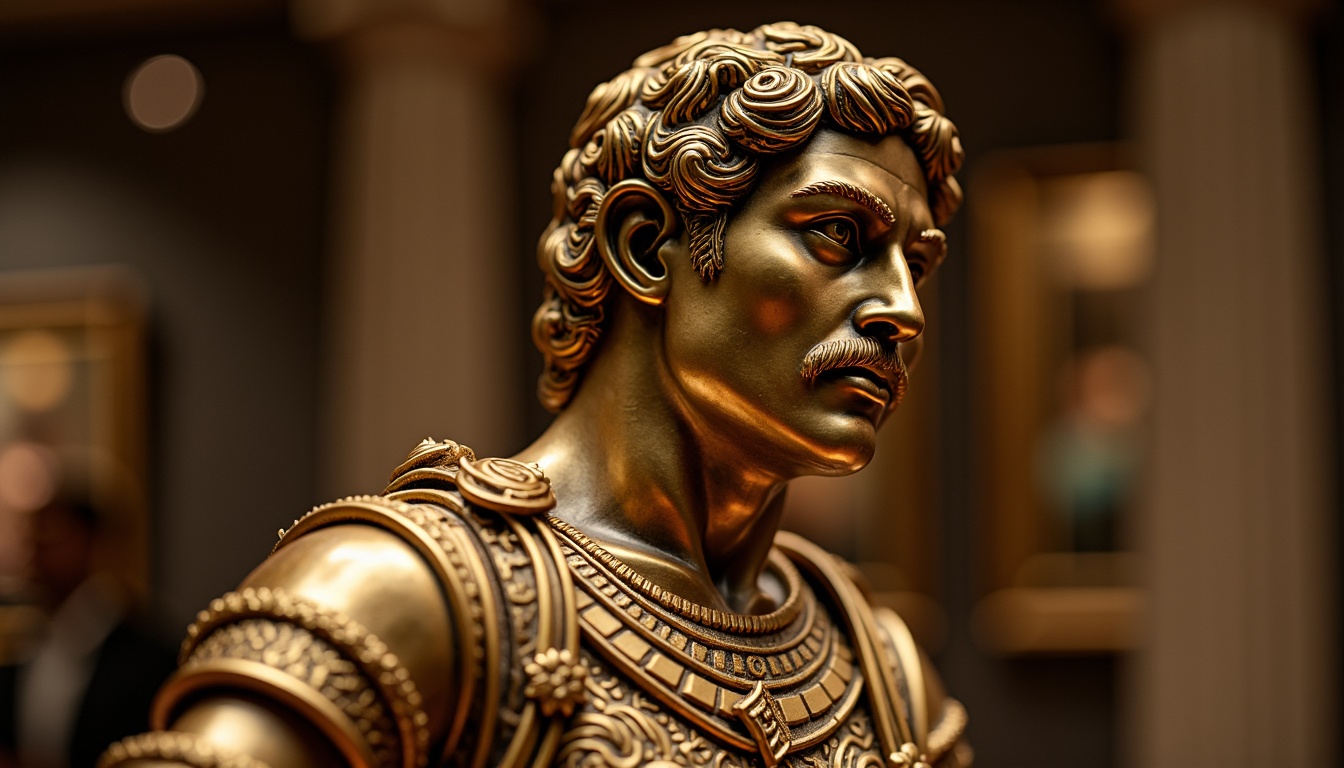 Prompt: Luxurious bronze statue, intricate metalwork details, warm golden color, high-gloss finish, ornate decorations, ancient Greek-inspired designs, museum-quality display, softbox lighting, shallow depth of field, 1/1 composition, realistic reflections, ambient occlusion.