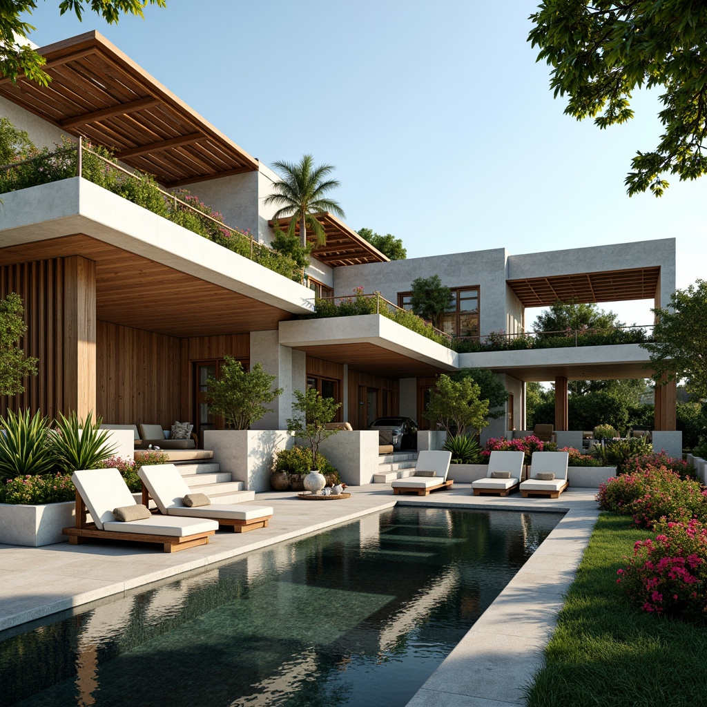 Prompt: Luxurious villa, modernist architecture, sleek lines, minimalist design, large windows, sliding glass doors, polished concrete floors, exposed steel beams, wooden accents, natural stone walls, green roofs, solar panels, eco-friendly materials, innovative cooling systems, shaded outdoor spaces, misting systems, infinity pools, lush greenery, vibrant flowers, tropical plants, warm sunny day, soft warm lighting, shallow depth of field, 3/4 composition, panoramic view, realistic textures, ambient occlusion.