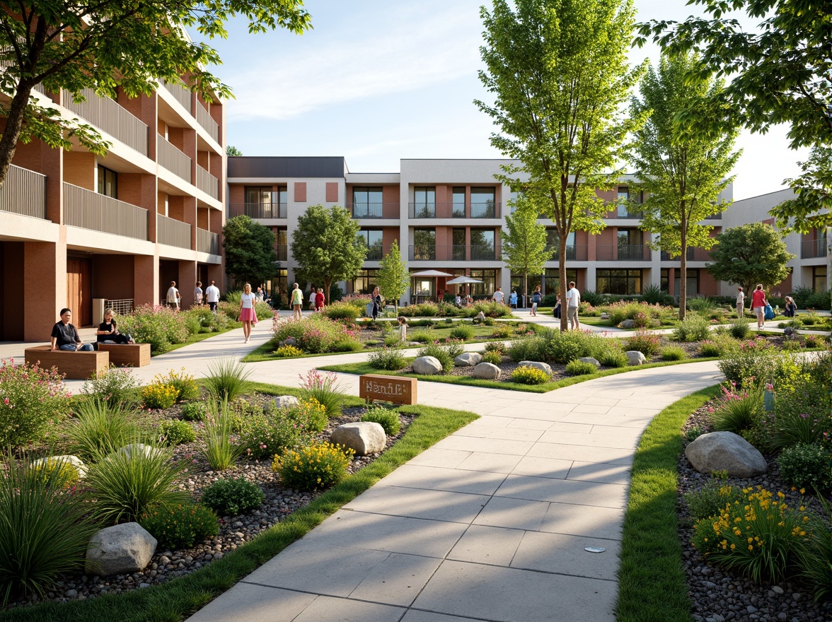 Prompt: Vibrant schoolyard, lush greenery, blooming flowers, playground equipment, climbing frames, slides, swings, benches, educational signs, natural stone walkways, modern architecture, large windows, glass doors, integrated landscape design, outdoor classrooms, rain gardens, bioswales, native plant species, habitat restoration, eco-friendly materials, sustainable water management systems, shaded outdoor spaces, misting systems, soft warm lighting, shallow depth of field, 3/4 composition, panoramic view, realistic textures, ambient occlusion.