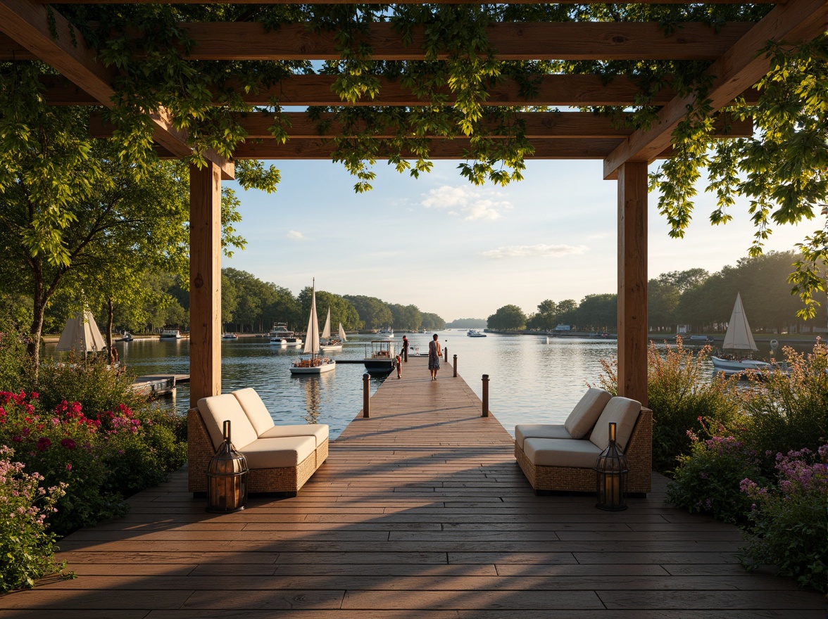 Prompt: Serene waterfront, rustic wooden dock, lush greenery, vibrant flowers, tranquil lake views, sailboats, kayaks, paddleboards, nautical ropes, weathered wood accents, natural stone pathways, lantern-style lighting, warm sunset glow, shallow depth of field, 3/4 composition, panoramic view, realistic textures, ambient occlusion, cozy outdoor seating areas, woven wicker furniture, plush cushions, soft warm lighting, misty morning atmosphere.