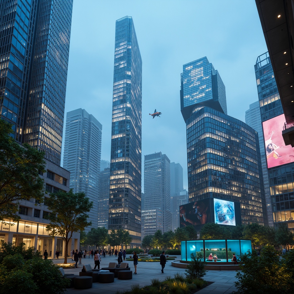 Prompt: Futuristic cityscape, neon-lit skyscrapers, holographic advertisements, levitating transportation pods, curved metallic buildings, iridescent glass facades, angular rooftops, verdant green walls, hydroponic gardens, misty atmospheric effects, soft blue ambient lighting, shallow depth of field, 1/1 composition, panoramic view, realistic reflections, ambient occlusion, sleek modern furniture, minimalist decor, futuristic gadgets, virtual reality interfaces, augmented reality displays.