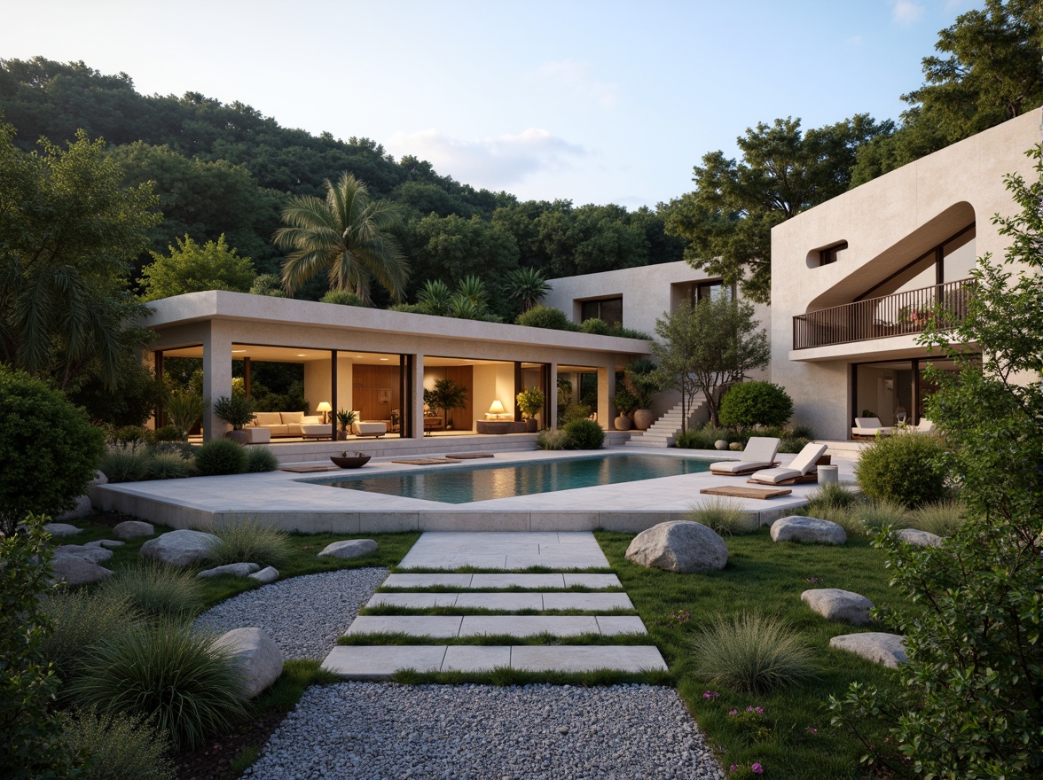 Prompt: Lush greenery, curved lines, minimalist villa, modernist architecture, sleek stone walls, large windows, sliding glass doors, infinity pool, sunken seating area, outdoor fireplace, ambient lighting, warm beige tones, natural textures, Mediterranean plants, olive trees, succulents, gravel pathways, wooden decks, cantilevered roofs, panoramic views, shallow depth of field, 3/4 composition, realistic rendering.