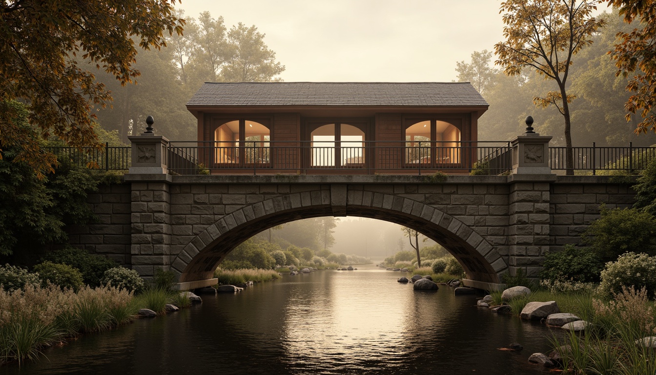 Prompt: Timeless bridge architecture, rustic stone walls, ornate metal railings, weathered wooden accents, earthy brown tones, muted greenery, soft misty atmosphere, warm golden lighting, subtle gradient effects, realistic textures, ambient occlusion, 1/1 composition, symmetrical framing, serene water reflections, gentle river flow, lush vegetation, natural stone piers, classic ornamental details, elegant arches, refined lines, sophisticated simplicity.