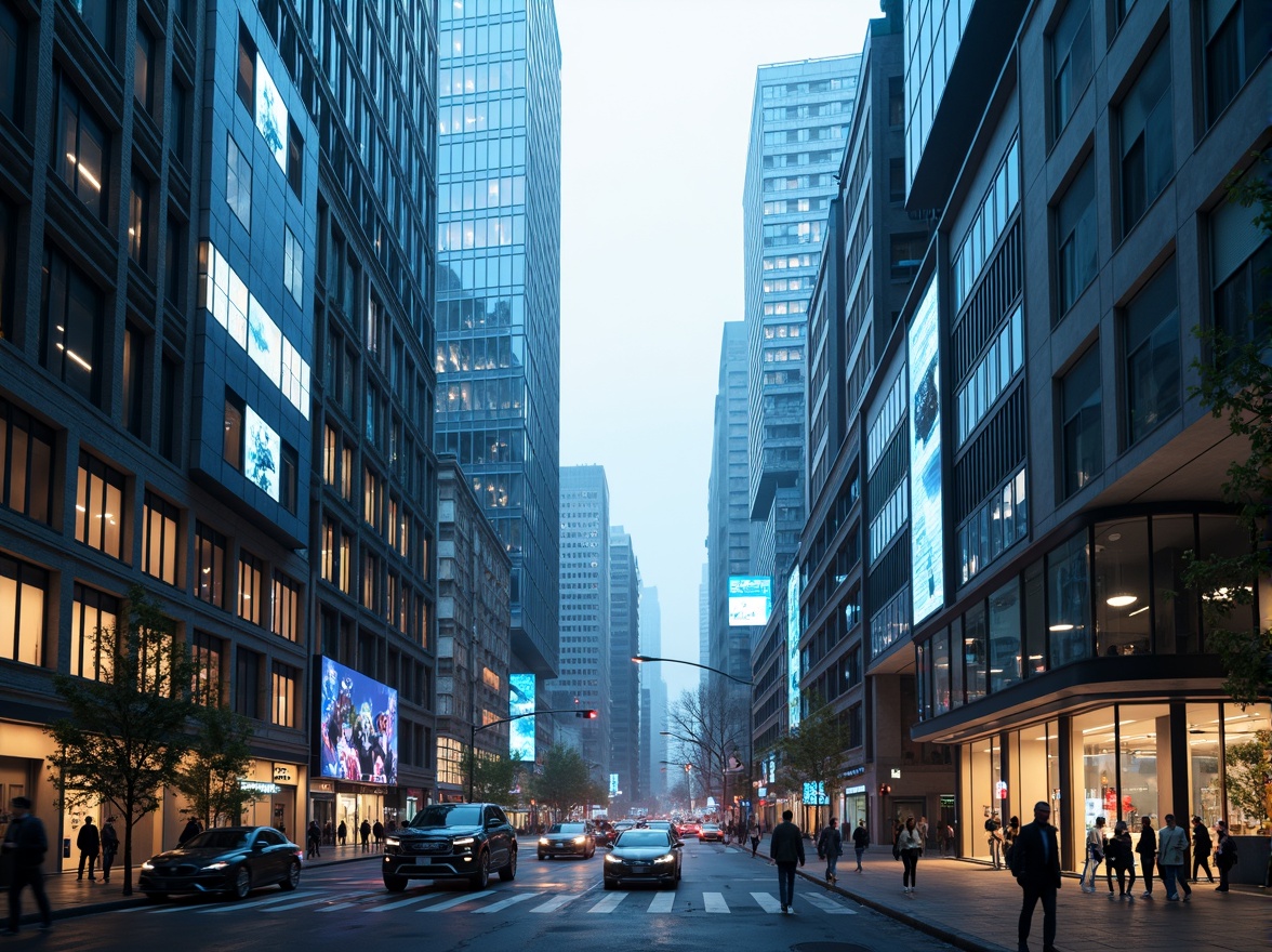 Prompt: Futuristic cityscape, sleek skyscrapers, iridescent glass facades, metallic frames, neon lights, holographic advertisements, bustling streets, flying cars, robotic pedestrians, cyberpunk atmosphere, misty evening, soft blue lighting, shallow depth of field, 1/1 composition, panoramic view, realistic reflections, ambient occlusion.