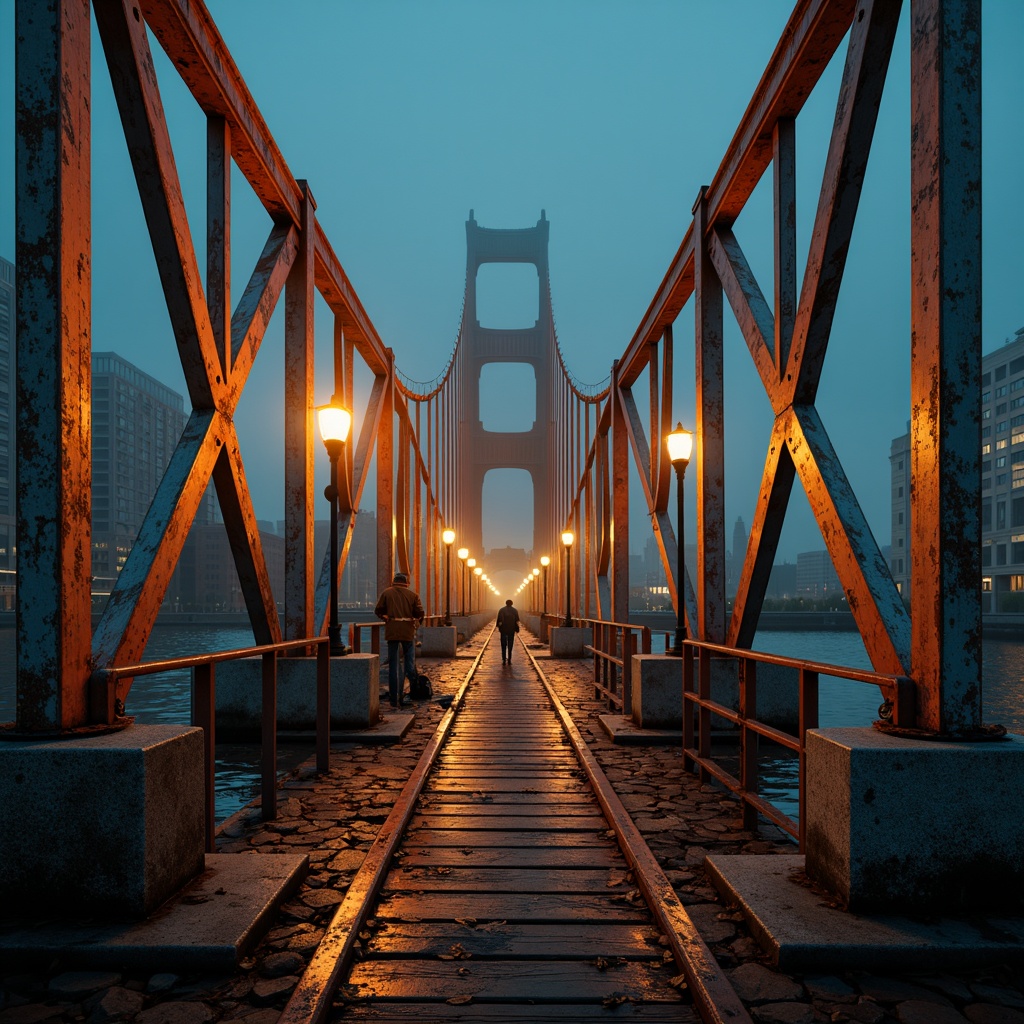 Prompt: Vibrant orange suspension cables, deep blue steel beams, warm golden lighting, misty atmospheric effects, rugged stone piers, dynamic curved lines, bold geometric shapes, distressed metal textures, eerie nighttime ambiance, high-contrast color palette, dramatic shadows, cinematic composition, 1/2 framing, low-key lighting, mysterious foggy atmosphere.