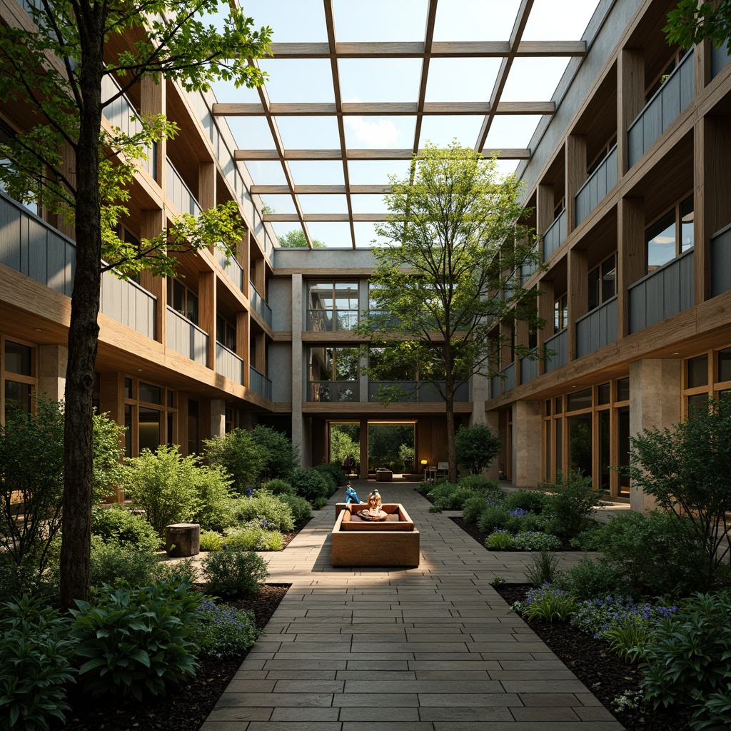 Prompt: Vibrant atrium, lush greenery, natural stone walls, wooden accents, clerestory windows, skylights, solar tubes, reflective surfaces, ambient lighting, soft warm glow, indirect illumination, layered shading, 3/4 composition, panoramic view, realistic textures, subtle color palette, earthy tones, organic forms, minimalist decor, cozy atmosphere, serene ambiance.