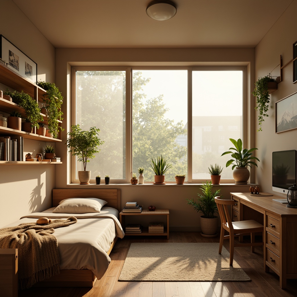 Prompt: Cozy dorm room, large windows, soft natural light, warm beige walls, comfortable bedding, wooden furniture, plants on shelves, gentle morning sunbeams, calming atmosphere, relaxing ambiance, soft shadows, 1/1 composition, shallow depth of field, realistic textures, ambient occlusion.