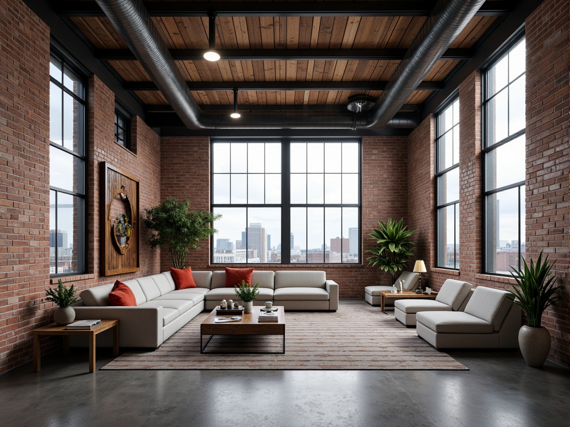 Prompt: Industrial chic loft, exposed brick walls, metal beams, polished concrete floors, minimalist decor, sleek lines, modern high-tech gadgets, futuristic lighting fixtures, floor-to-ceiling windows, cityscape views, urban landscape, cloudy day, soft natural light, shallow depth of field, 3/4 composition, panoramic view, realistic textures, ambient occlusion, reclaimed wood accents, industrial metal stairs, open-plan living area, cozy reading nooks, plush sectional sofas, geometric patterned rugs.