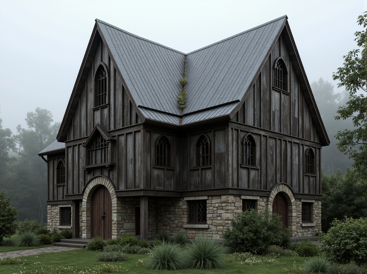 Prompt: Rustic barn, Gothic architectural style, weathered wooden cladding, corrugated metal sheets, stone walls, pointed arch windows, steeply pitched roofs, ornate tracery, intricate carvings, mysterious ambiance, overcast sky, soft misty lighting, shallow depth of field, 1/1 composition, realistic textures, ambient occlusion.