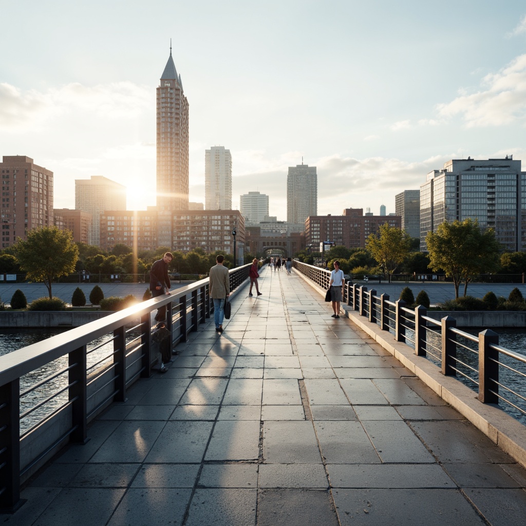 Prompt: Pedestrian bridge, sleek modern design, stainless steel railings, horizontal bars, rounded edges, safety features, anti-slip coatings, urban landscape, city skyline, sunny day, soft warm lighting, shallow depth of field, 3/4 composition, panoramic view, realistic textures, ambient occlusion.