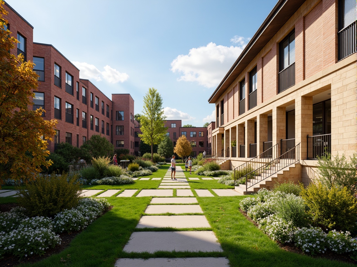 Prompt: Vibrant university campus, lush green lawns, blooming flowers, historic brick buildings, modern architectural accents, warm beige stone walls, rich wood tones, elegant metal railings, soft natural lighting, shallow depth of field, 3/4 composition, panoramic view, realistic textures, ambient occlusion, earthy terracotta reds, muted sage greens, creamy whites, weathered wooden browns, deep blues, golden yellows, subtle texture overlays.