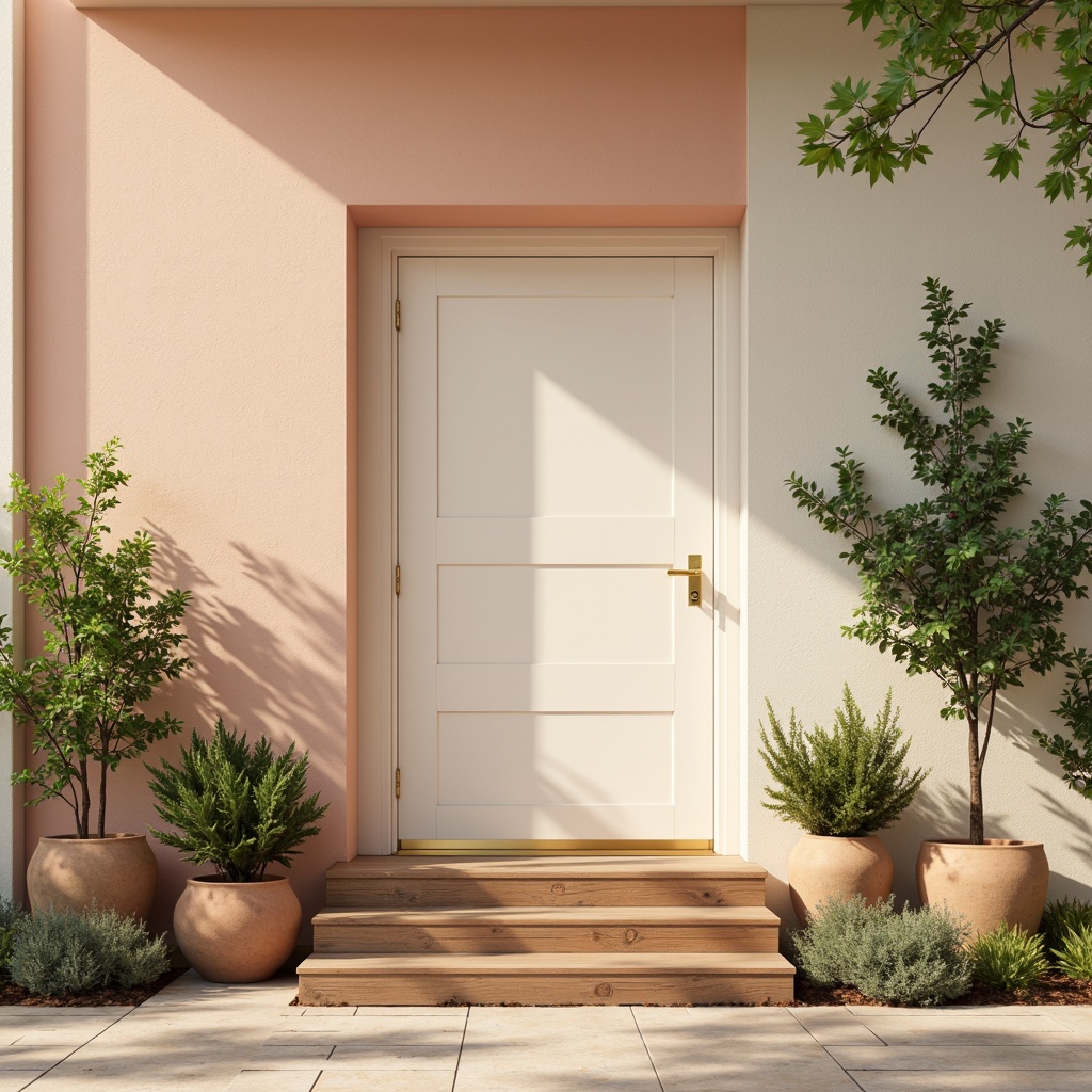 Prompt: Soft peach tones, creamy whites, warm beige accents, rich walnut wood, subtle gold metallic hints, delicate linen textures, natural stone backgrounds, earthy terracotta pots, lush green foliage, misty morning light, shallow depth of field, 1/2 composition, realistic renderings, ambient occlusion.