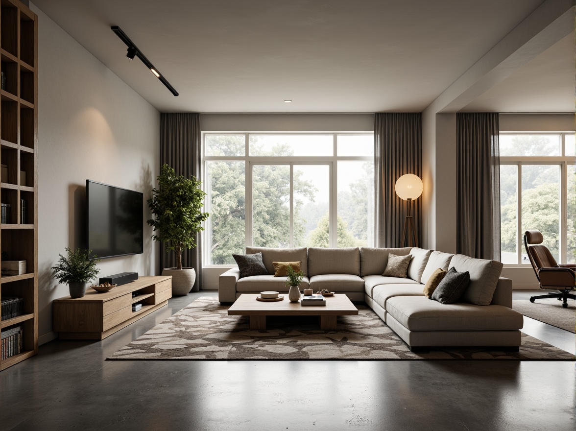 Prompt: Modern minimalist living room, sleek low-profile furniture, neutral color palette, polished concrete floors, floor-to-ceiling windows, natural light pouring in, functional storage units, multi-functional coffee table, comfortable sectional sofa, geometric patterned rug, ambient warm lighting, 1/1 composition, shallow depth of field, realistic textures.