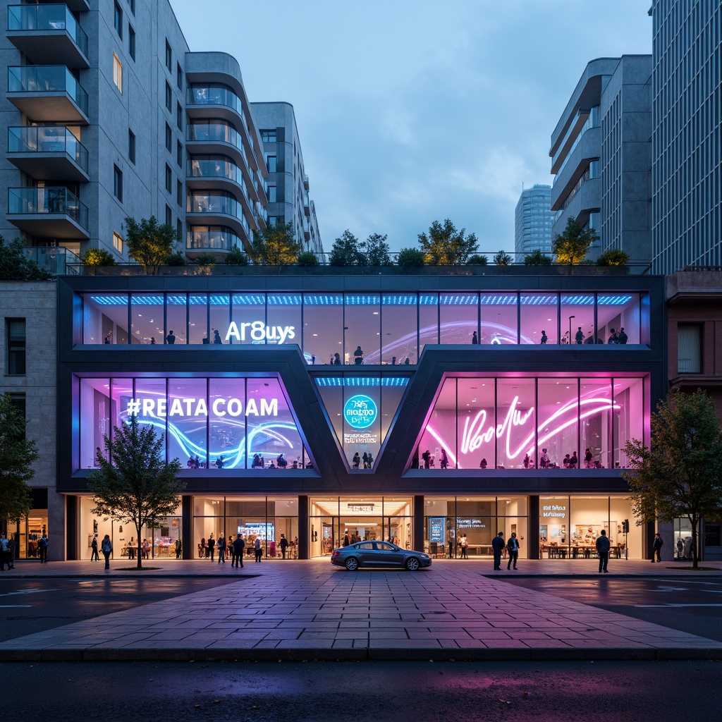 Prompt: Futuristic visual arts center, neon-lit facade, metallic surfaces, angular lines, minimalist design, vibrant LED lights, holographic displays, futuristic typography, sleek glass walls, cantilevered structures, rooftop gardens, urban cityscape, misty evening atmosphere, shallow depth of field, 1/1 composition, panoramic view, realistic reflections, ambient occlusion.