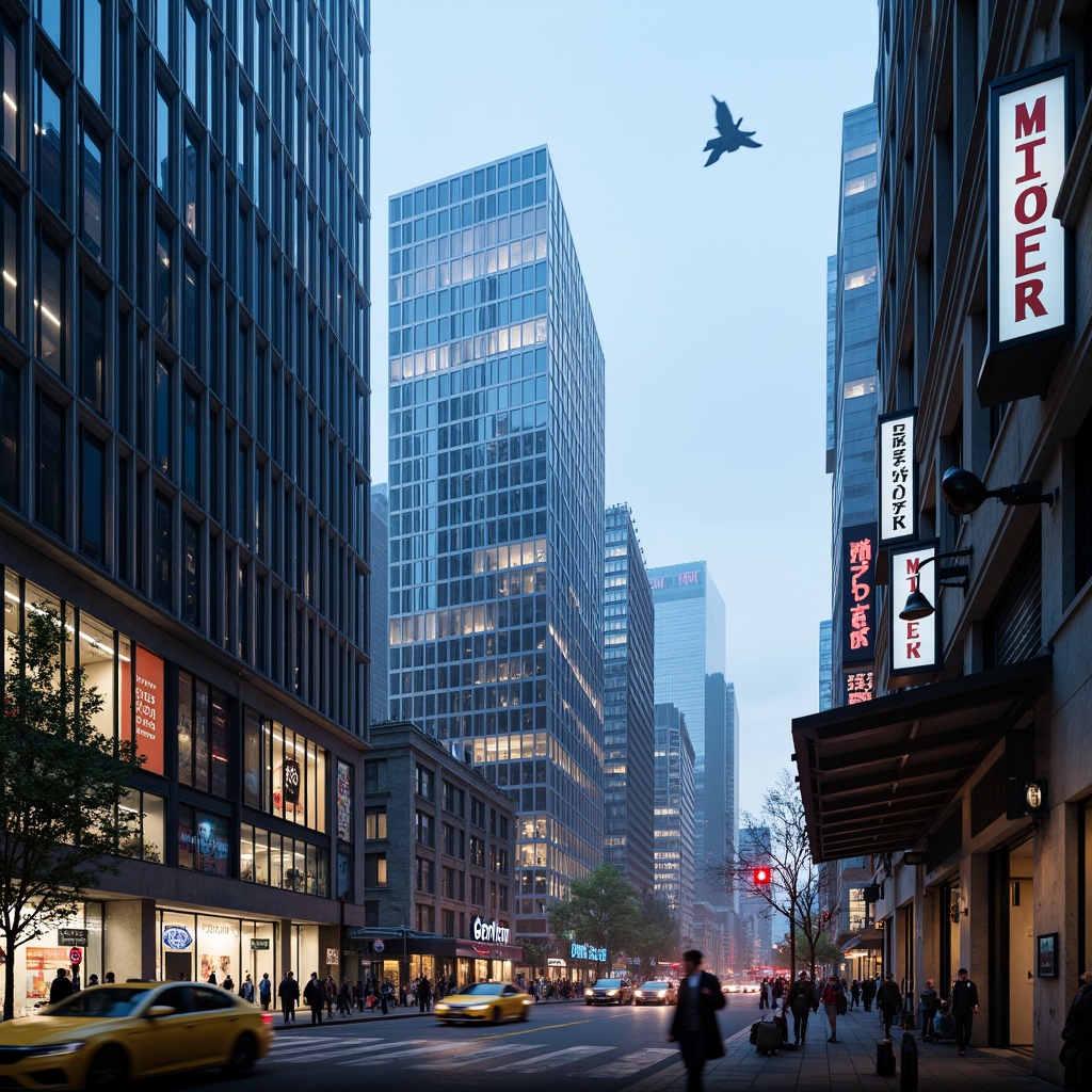 Prompt: Futuristic cityscape, sleek skyscrapers, iridescent glass facades, metallic frames, neon lights, holographic advertisements, bustling streets, flying cars, robotic pedestrians, cyberpunk atmosphere, misty evening, soft blue lighting, shallow depth of field, 1/1 composition, panoramic view, realistic reflections, ambient occlusion.