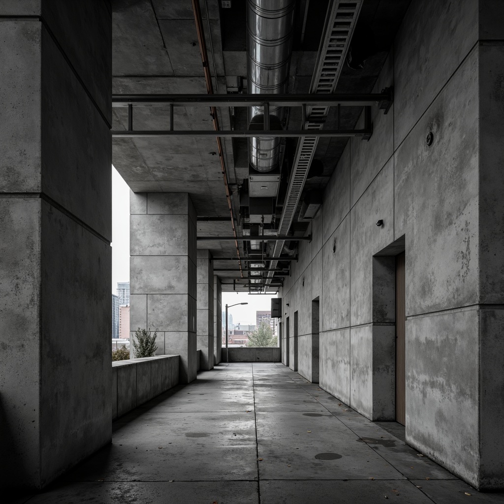 Prompt: Industrial concrete walls, exposed ductwork, metallic beams, urban cityscape, modern brutalist architecture, raw unfinished surfaces, monochromatic color palette, dramatic shadows, high-contrast lighting, abstract geometric patterns, rough tactile textures, poured concrete floors, minimalist decor, functional simplicity, utilitarian aesthetic, cold atmospheric ambiance, cinematic composition, low-angle shot, gritty realistic rendering.