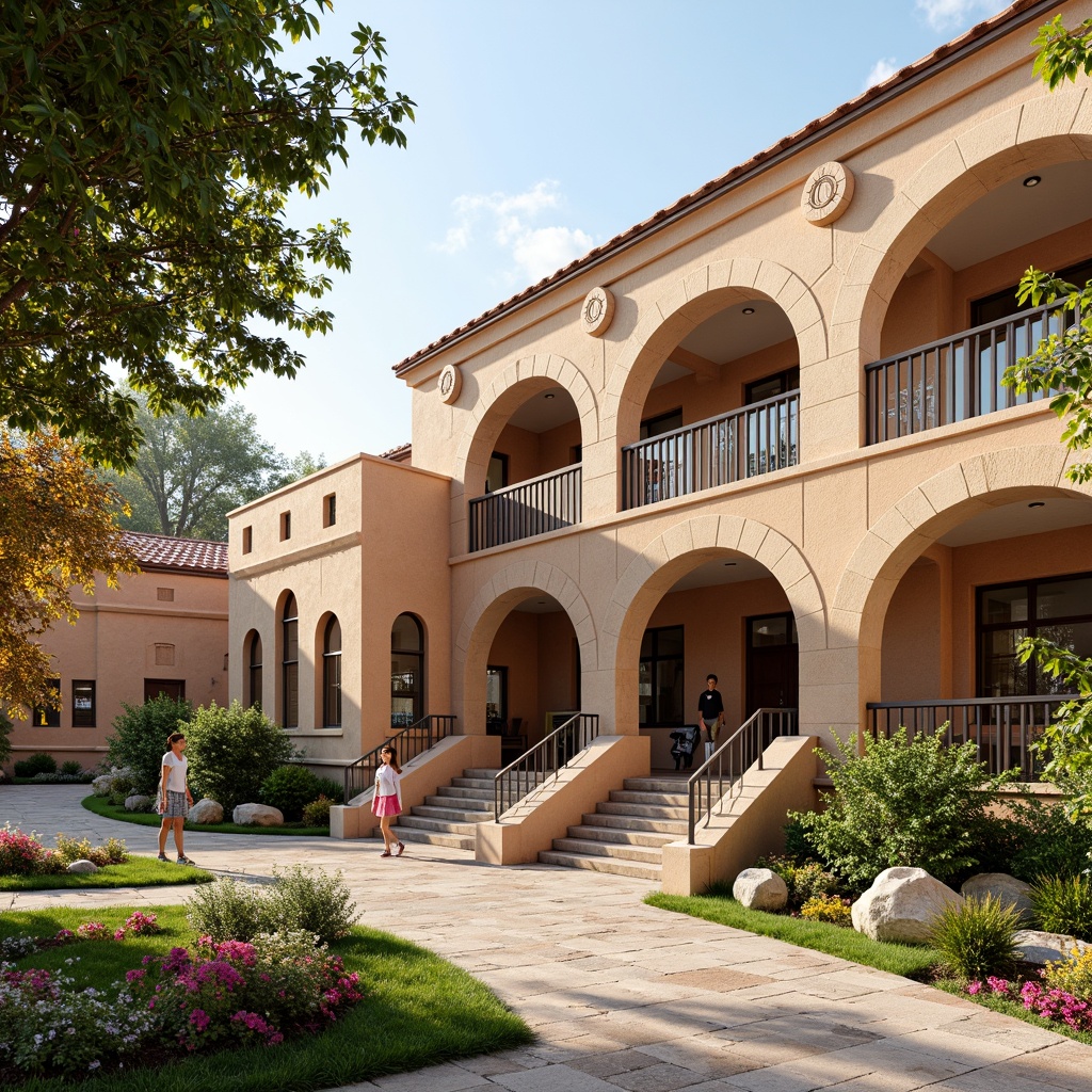 Prompt: Rustic elementary school building, Romanesque arches, warm beige stone walls, ornate carvings, grand entrance, heavy wooden doors, vibrant greenery, blooming flowers, playful playground equipment, colorful murals, educational signage, natural stone walkways, curved staircases, high ceilings, large windows, soft warm lighting, shallow depth of field, 3/4 composition, panoramic view, realistic textures, ambient occlusion.