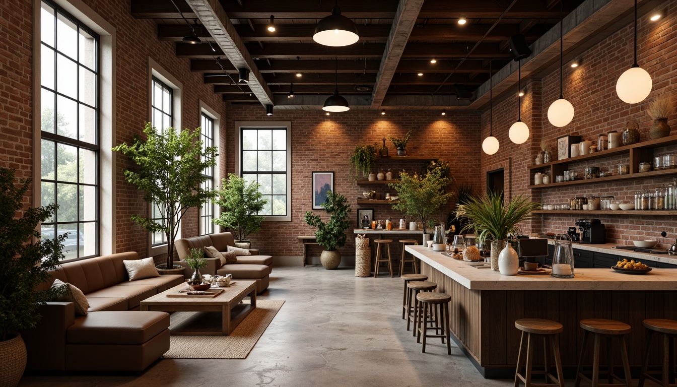 Prompt: Cozy coffee shop, reclaimed wood accents, exposed brick walls, polished concrete floors, industrial metal beams, warm pendant lighting, comfortable sofas, rustic wooden tables, vintage decorative items, lush greenery, natural stone countertops, earthy color palette, soft warm ambiance, shallow depth of field, 1/1 composition, realistic textures, ambient occlusion.