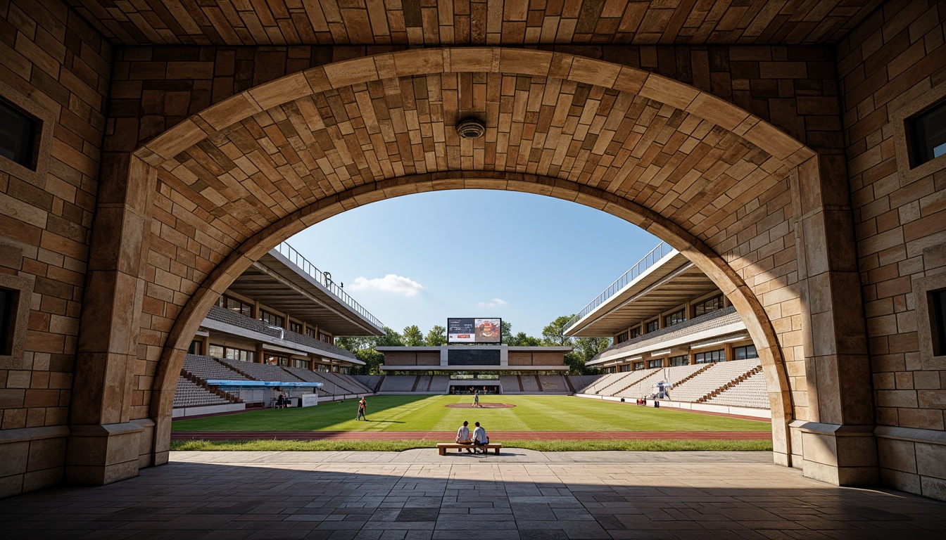 Prompt: Grand stadium architecture, rustic masonry walls, arches, columns, ornate stone carvings, textured brick facades, earthy tones, natural materials, imposing grandstands, tiered seating, lush green fields, athletic tracks, scoreboard displays, floodlighting, dramatic shadows, 1/2 composition, low-angle shot, realistic textures, ambient occlusion.