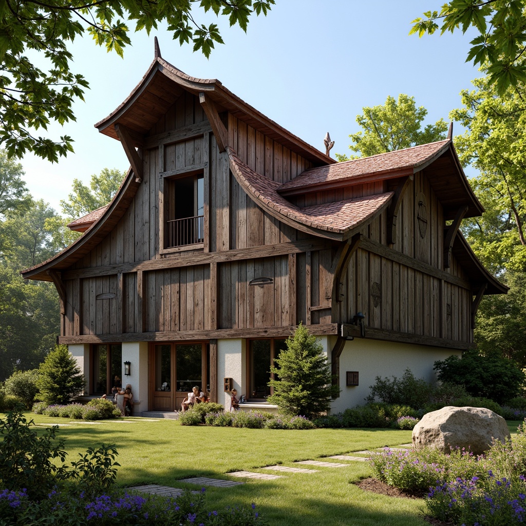 Prompt: Rustic barn, renaissance revival style, curved rooflines, terra cotta tiles, weathered wooden beams, ornate metalwork, vintage farm tools, lush greenery, blooming wildflowers, sunny afternoon, warm soft lighting, shallow depth of field, 1/1 composition, realistic textures, ambient occlusion, distressed wood accents, earthy color palette, natural stone foundations, asymmetrical facade, decorative trusses, wooden shutters, classic European influences.