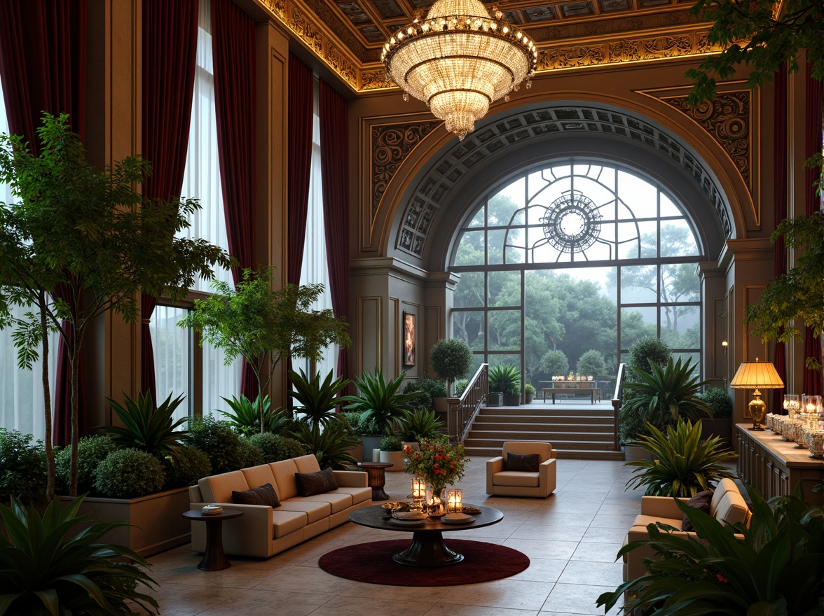 Prompt: Intricate ironwork, lush greenery, ornate chandeliers, grandiose archways, lavish furnishings, velvet drapes, gilded accents, marble countertops, crystal glassware, exotic flowers, tropical plants, misty atmosphere, soft warm lighting, shallow depth of field, 1/1 composition, realistic textures, ambient occlusion, luxurious ambiance, opulent decor, Baroque-inspired patterns, intricate carvings, ornate mirrors, grand staircase.