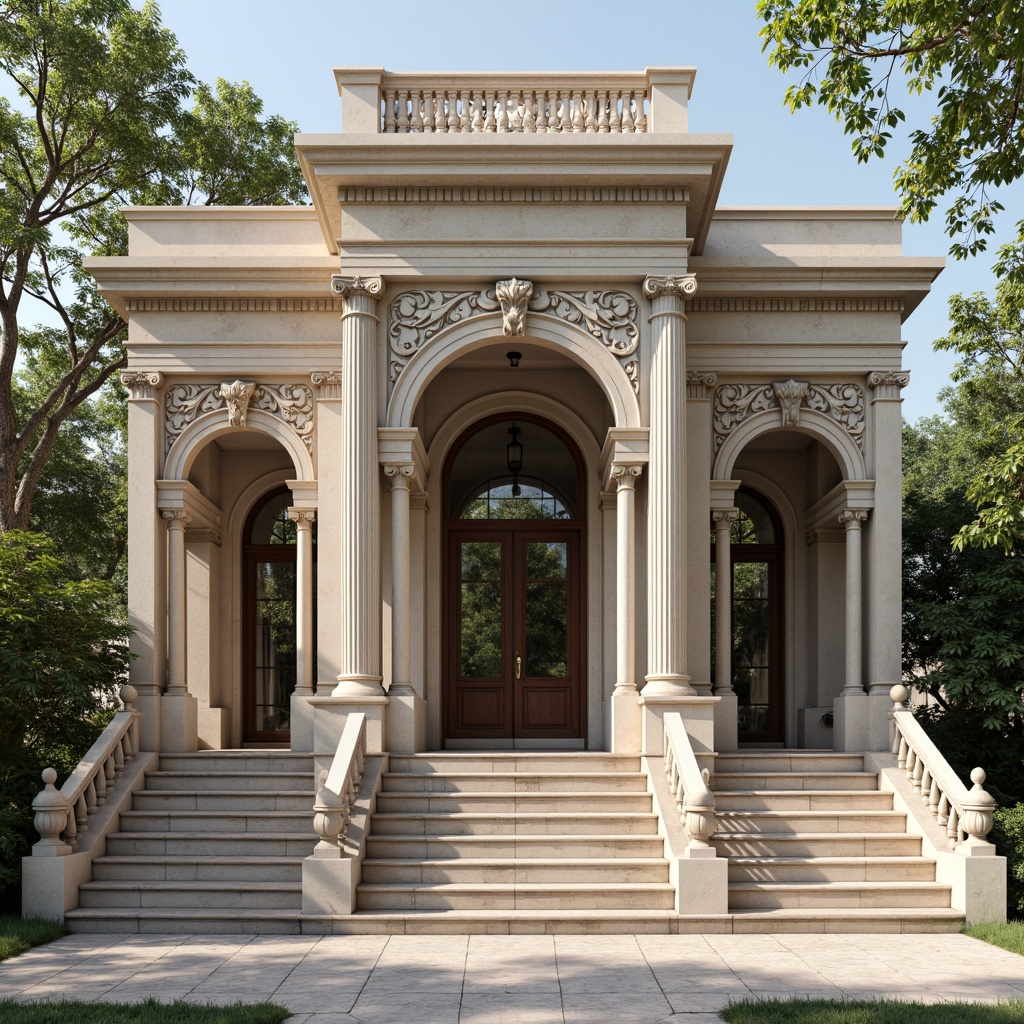 Prompt: Grandiose classical facade, ornate columns, intricately carved details, symmetrical composition, majestic entrance, sweeping arches, rusticated stone walls, ornamental balustrades, decorative pediments, grand staircases, elegant proportions, subtle color palette, soft natural lighting, shallow depth of field, 2/3 composition, realistic textures, ambient occlusion.