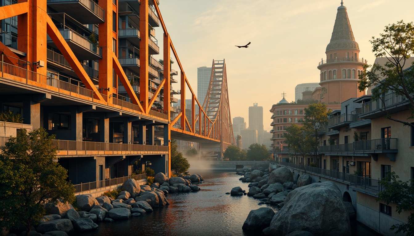 Prompt: Vibrant orange suspension cables, deep blue steel beams, warm golden lighting, misty atmospheric effects, rugged stone piers, dynamic angular shapes, bold geometric patterns, expressive brushstroke textures, moody chiaroscuro shading, dramatic high-contrast colors, futuristic urban landscape, bustling cityscape, fast-paced cinematic camera movements, shallow depth of field, 2.5D composition, stylized realistic rendering.