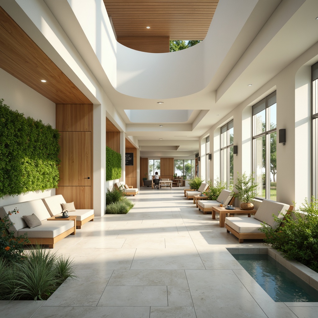 Prompt: Soothing healthcare facility, calming atmosphere, gentle curves, natural wood accents, soft pastel colors, creamy whites, pale blues, muted greens, warm beige tones, comforting textiles, plush furnishings, serene water features, lush green walls, abundant natural light, subtle gradient effects, shallow depth of field, 1/1 composition, realistic reflections, ambient occlusion.