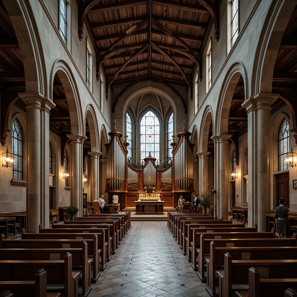 Prompt: Ancient stone walls, ornate wooden pews, stained glass windows, intricate marble floors, rustic brick arches, vaulted ceilings, grandiose pipe organs, luxurious velvet drapes, weathered copper roofs, distressed wood accents, smooth limestone columns, ornamental metalwork, mystical ambiance, warm soft lighting, high contrast ratio, dramatic shadows, 1/2 composition, symmetrical framing, realistic reflections, subtle ambient occlusion.