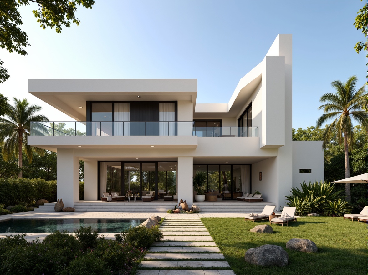 Prompt: Luxurious villa, modernist facade, clean lines, minimal ornamentation, large windows, sliding glass doors, white stucco walls, flat roofs, cantilevered balconies, steel railings, lush greenery, tropical plants, palm trees, sunny day, soft warm lighting, shallow depth of field, 3/4 composition, panoramic view, realistic textures, ambient occlusion.