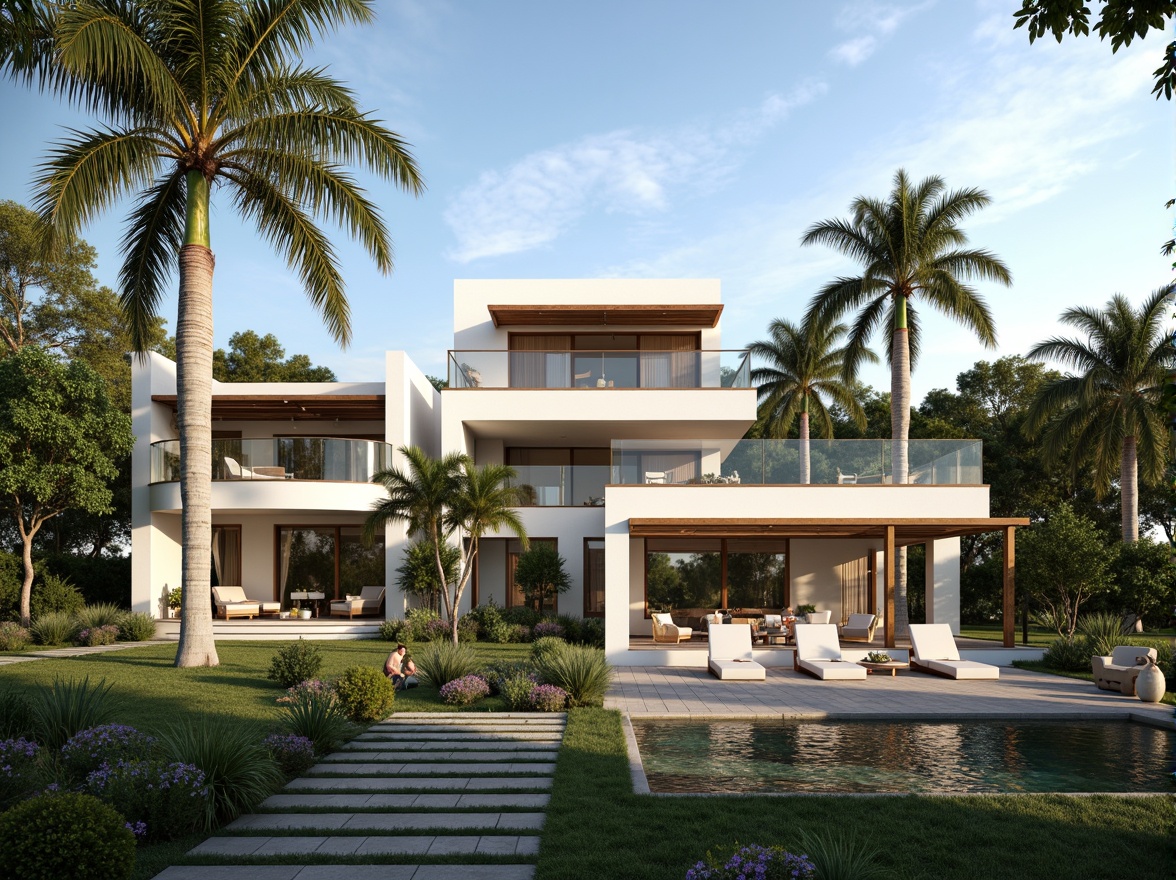 Prompt: Luxurious villa, modernist facade, clean lines, minimal ornamentation, large windows, sliding glass doors, white stucco walls, flat roofs, cantilevered balconies, steel railings, lush greenery, tropical plants, palm trees, sunny day, soft warm lighting, shallow depth of field, 3/4 composition, panoramic view, realistic textures, ambient occlusion.