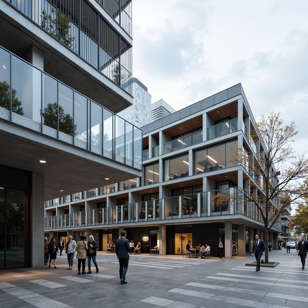 Prompt: Modern building facade, clean lines, minimalist aesthetic, large glass windows, steel frames, cantilevered roofs, open floor plans, industrial materials, exposed ductwork, polished concrete floors, sleek metal railings, geometric shapes, urban cityscape, cloudy sky, soft natural lighting, shallow depth of field, 3/4 composition, realistic textures, ambient occlusion.