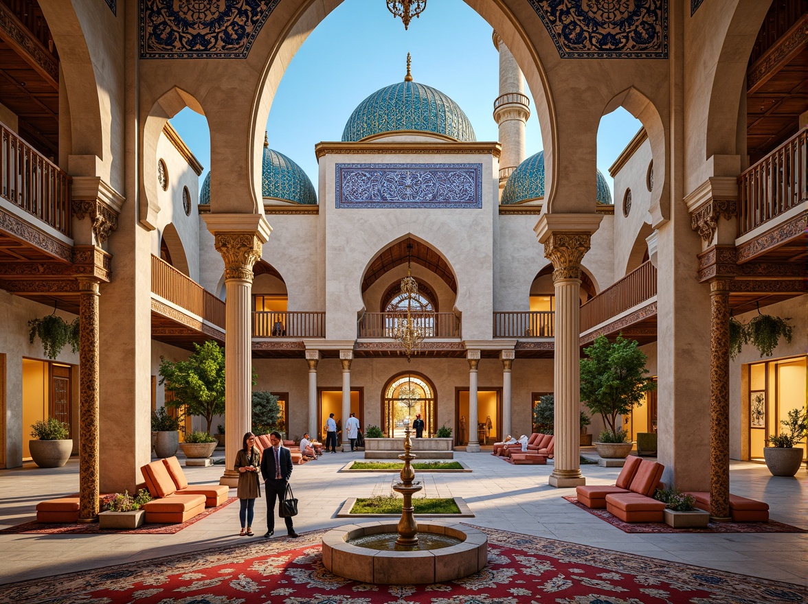 Prompt: Vibrant Islamic-inspired architecture, intricate geometric motifs, ornate tile work, symmetrical archways, grand domes, minarets, colorful mosaics, luxurious textiles, opulent furnishings, lavish decorations, majestic columns, ornamental fountains, serene courtyards, natural stone flooring, warm golden lighting, shallow depth of field, 3/4 composition, panoramic view, realistic textures, ambient occlusion.