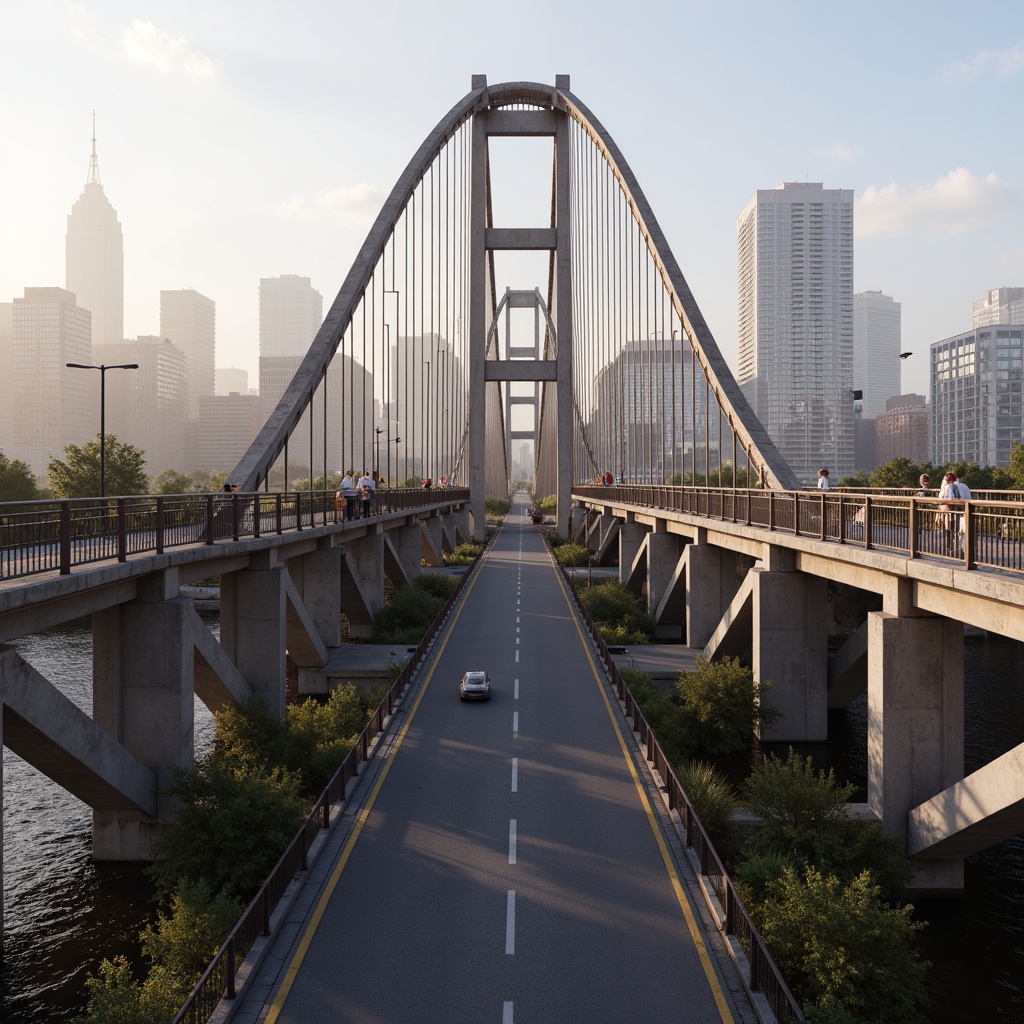 Prompt: Rustic vehicular bridge, steel arches, suspension cables, concrete piers, asphalt roadways, metallic railings, urban cityscape, misty morning fog, soft warm lighting, shallow depth of field, 1/1 composition, realistic textures, ambient occlusion, structural beams, load-bearing columns, reinforced concrete foundations, drainage systems, waterproof coatings, anti-corrosion treatments, safety barriers, pedestrian walkways, scenic overlooks.