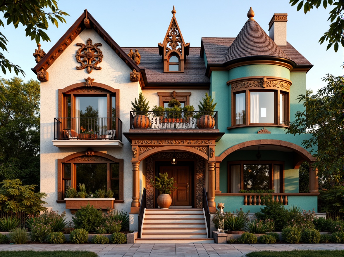 Prompt: Vibrant eclectic house facade, asymmetrical composition, mixed materials, ornate decorations, bold color schemes, intricate wood carvings, ornamental metalwork, grand entranceways, sweeping arches, decorative columns, patterned brickwork, textured stucco, lush greenery, overflowing flower boxes, whimsical rooflines, playful dormer windows, eclectic architectural details, warm golden lighting, shallow depth of field, 1/1 composition, realistic textures, ambient occlusion.