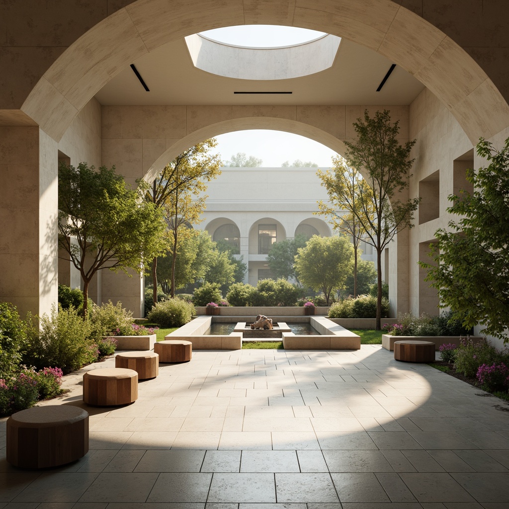 Prompt: Solemn memorial center, calming atmosphere, muted earth tones, soft beige walls, gentle cream accents, subtle gray stone floors, warm wooden benches, serene water features, peaceful gardens, lush greenery, vibrant flowers, natural light pouring in, soft diffused lighting, shallow depth of field, 3/4 composition, realistic textures, ambient occlusion.