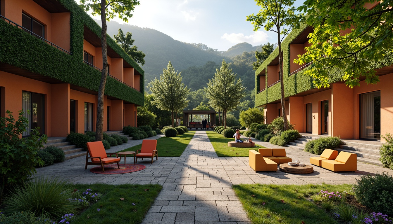 Prompt: Vibrant hostel courtyard, lush green walls, natural stone pathways, wooden benches, eclectic furniture, colorful textiles, modern minimalist architecture, large windows, sliding glass doors, abundant natural light, warm cozy atmosphere, shallow depth of field, 3/4 composition, panoramic view, realistic textures, ambient occlusion, surrounding mountainous landscape, serene forest views, misty morning, soft warm lighting.