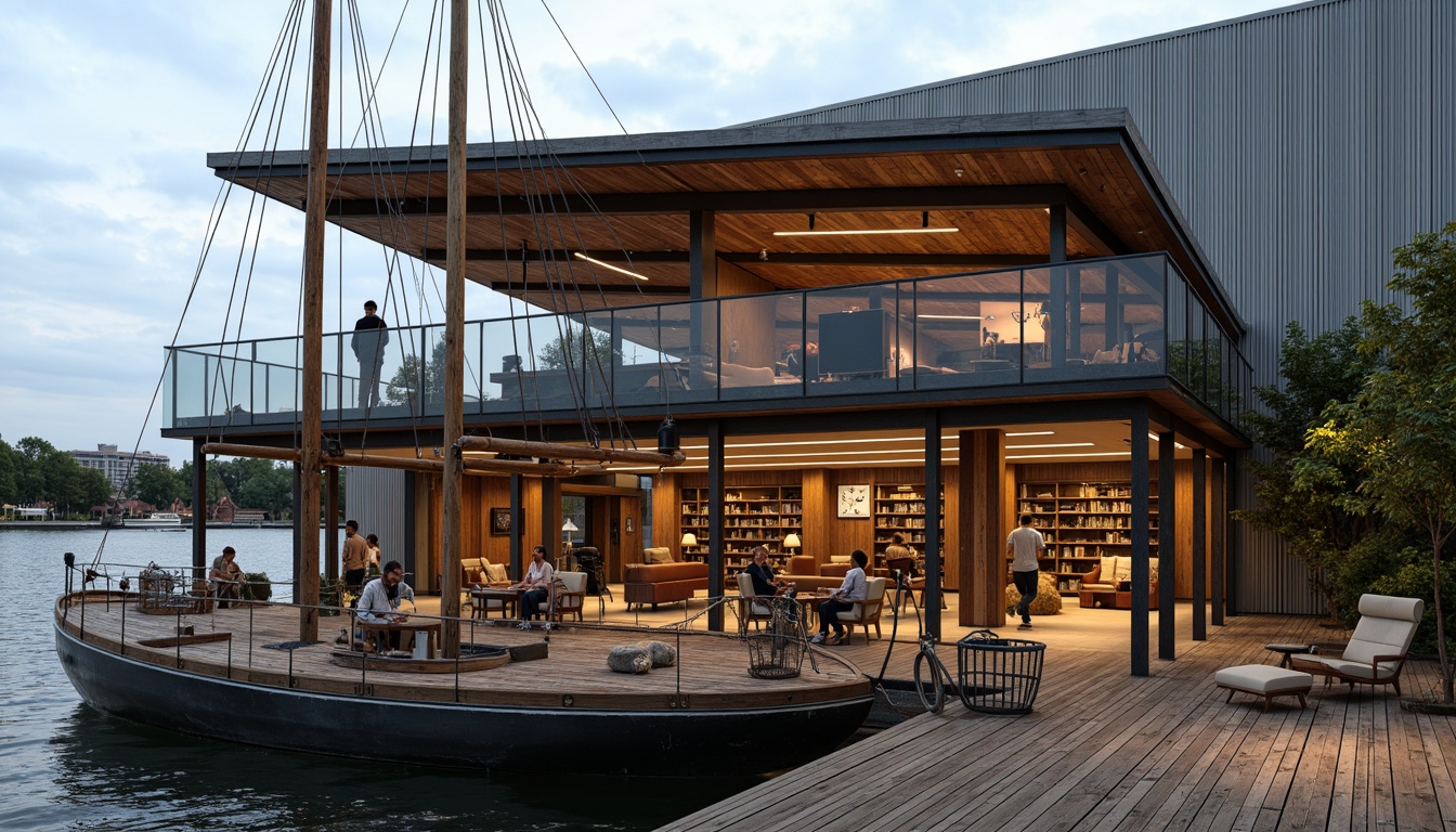 Prompt: Waterfront boathouse, rustic wooden dock, nautical ropes, sailboat masts, weathered wood accents, corrugated metal roofing, glass-enclosed observation deck, cantilevered upper floor, angular steel beams, industrial-style lighting fixtures, reclaimed wood interior, cozy reading nooks, plush furnishings, warm ambient lighting, shallow depth of field, 1/1 composition, realistic textures, soft focus effect.