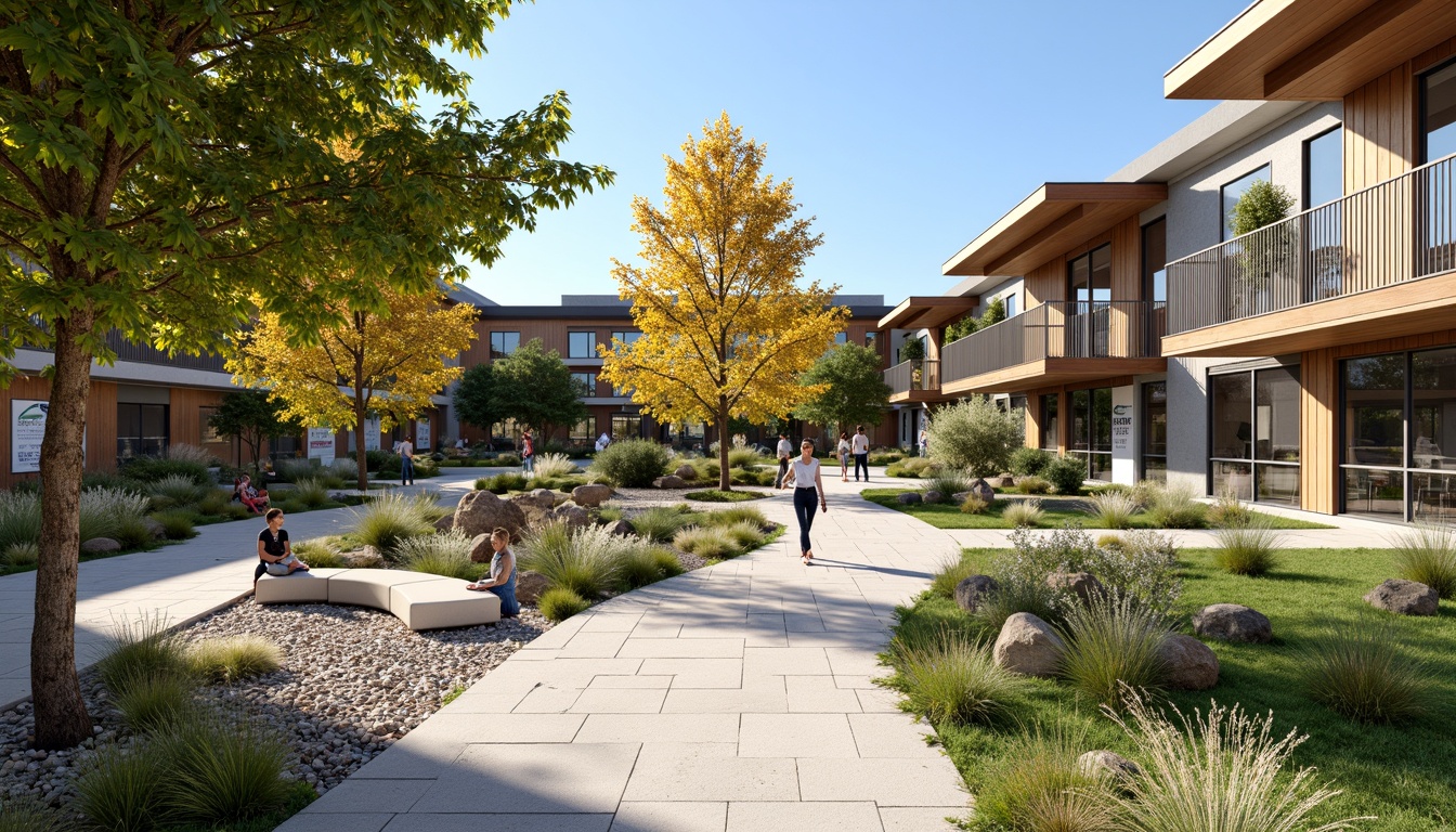 Prompt: \Visitor center courtyard, natural stone paving, lush greenery, native plant species, meandering walkways, educational signage, interactive exhibits, outdoor seating areas, wooden benches, rustic metal railings, modern architecture, large windows, glass doors, cantilevered roofs, sunny day, soft warm lighting, shallow depth of field, 3/4 composition, panoramic view, realistic textures, ambient occlusion.\