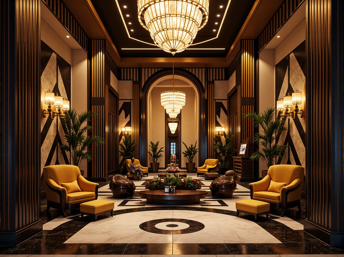 Prompt: Luxurious art deco interior, opulent geometric shapes, metallic accents, ornate patterns, chevron designs, zigzag motifs, sunburst patterns, stylized florals, bold color schemes, lavish textiles, velvet fabrics, chrome fixtures, crystal chandeliers, marble floors, high-contrast lighting, dramatic shadows, cinematic composition, low-angle shot, symmetrical framing, ornate moldings, gilded details, luxurious materials.