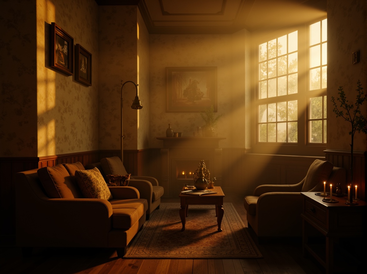 Prompt: Moody atmospheric scene, warm golden lighting, rich wood tones, earthy brown colors, soft beige textures, misty foggy background, mysterious dark shadows, vintage distressed walls, antique furniture pieces, ornate metal fixtures, dimly lit candles, cozy intimate setting, 1/2 composition, shallow depth of field, cinematic color grading.