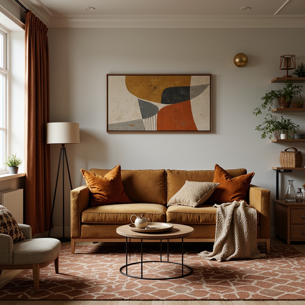 Prompt: Mid-century modern living room, plush velvet sofas, geometric patterned rugs, minimalist coffee tables, industrial metal lamps, abstract artwork, natural fiber textiles, woven baskets, organic shapes, earthy color palette, warm ambient lighting, shallow depth of field, 1/1 composition, soft focus, realistic fabrics, subtle texture details.