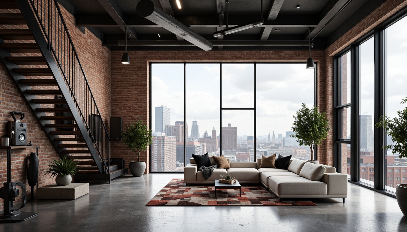 Prompt: Industrial chic loft, exposed brick walls, metal beams, polished concrete floors, minimalist decor, sleek lines, modern high-tech gadgets, futuristic lighting fixtures, floor-to-ceiling windows, cityscape views, urban landscape, cloudy day, soft natural light, shallow depth of field, 3/4 composition, panoramic view, realistic textures, ambient occlusion, reclaimed wood accents, industrial metal stairs, open-plan living area, cozy reading nooks, plush sectional sofas, geometric patterned rugs.