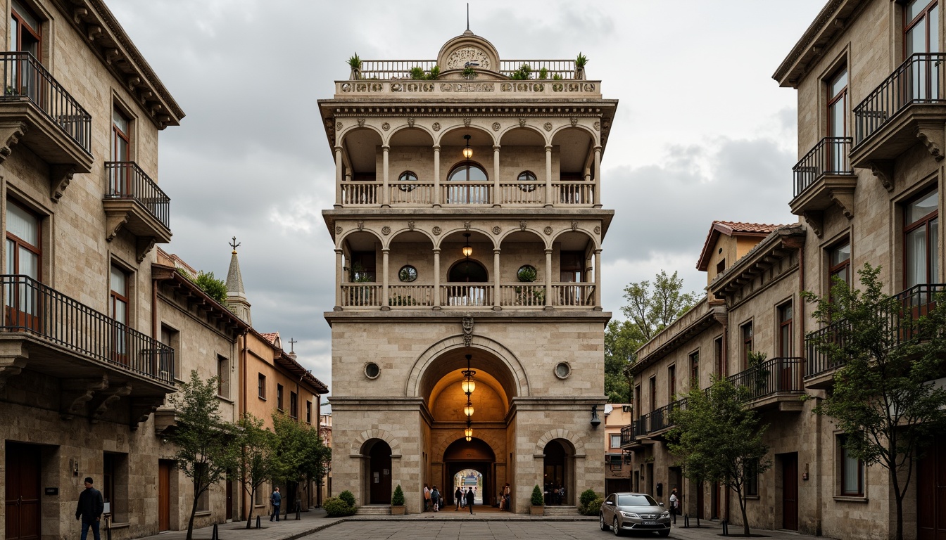 Prompt: Majestic watching tower, classicism style, ornate stone carvings, grandiose arches, intricate balconies, rusticated base, symmetrical facade, majestic clock tower, Romanesque columns, ornamental cornices, weathered stone walls, moss-covered roofs, overcast sky, warm golden lighting, shallow depth of field, 1/2 composition, realistic textures, ambient occlusion.