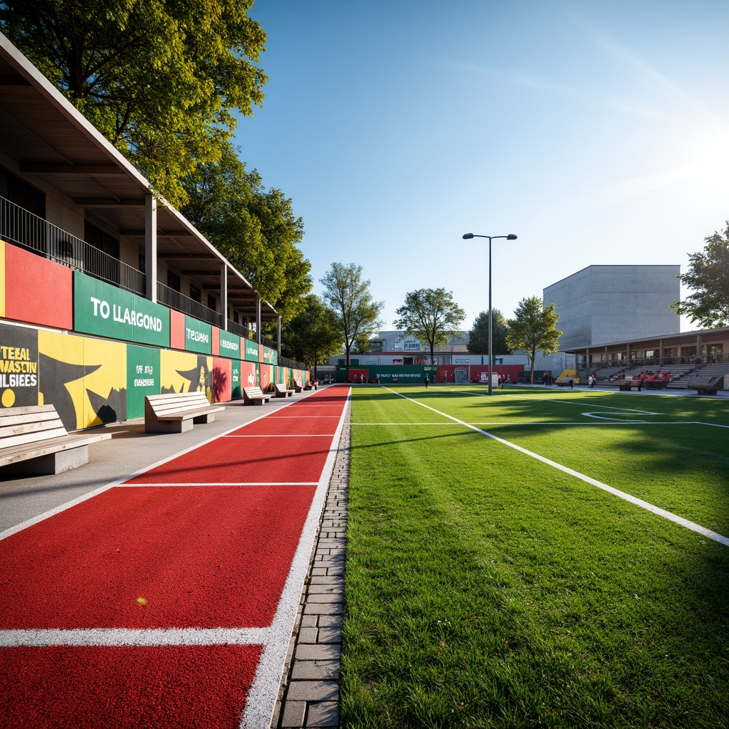 Prompt: Vibrant sports fields, eclectic mix of materials, contrasting textures, artificial turf, natural grass, weathered wood benches, metallic goalposts, colorful rubber tracks, bold graphic patterns, dynamic lighting, dramatic shadows, 1/1 composition, low-angle shot, realistic reflections, ambient occlusion, sunny day, soft warm atmosphere.