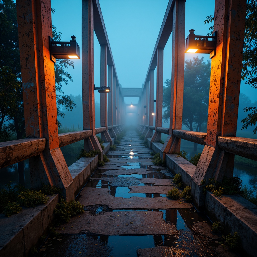 Prompt: Vibrant orange suspension cables, deep blue steel beams, warm golden lighting, misty atmospheric effects, rugged stone piers, dynamic curved lines, bold geometric shapes, distressed metal textures, eerie nighttime ambiance, high-contrast color palette, dramatic shadows, cinematic composition, 1/2 framing, low-key lighting, mysterious foggy atmosphere.