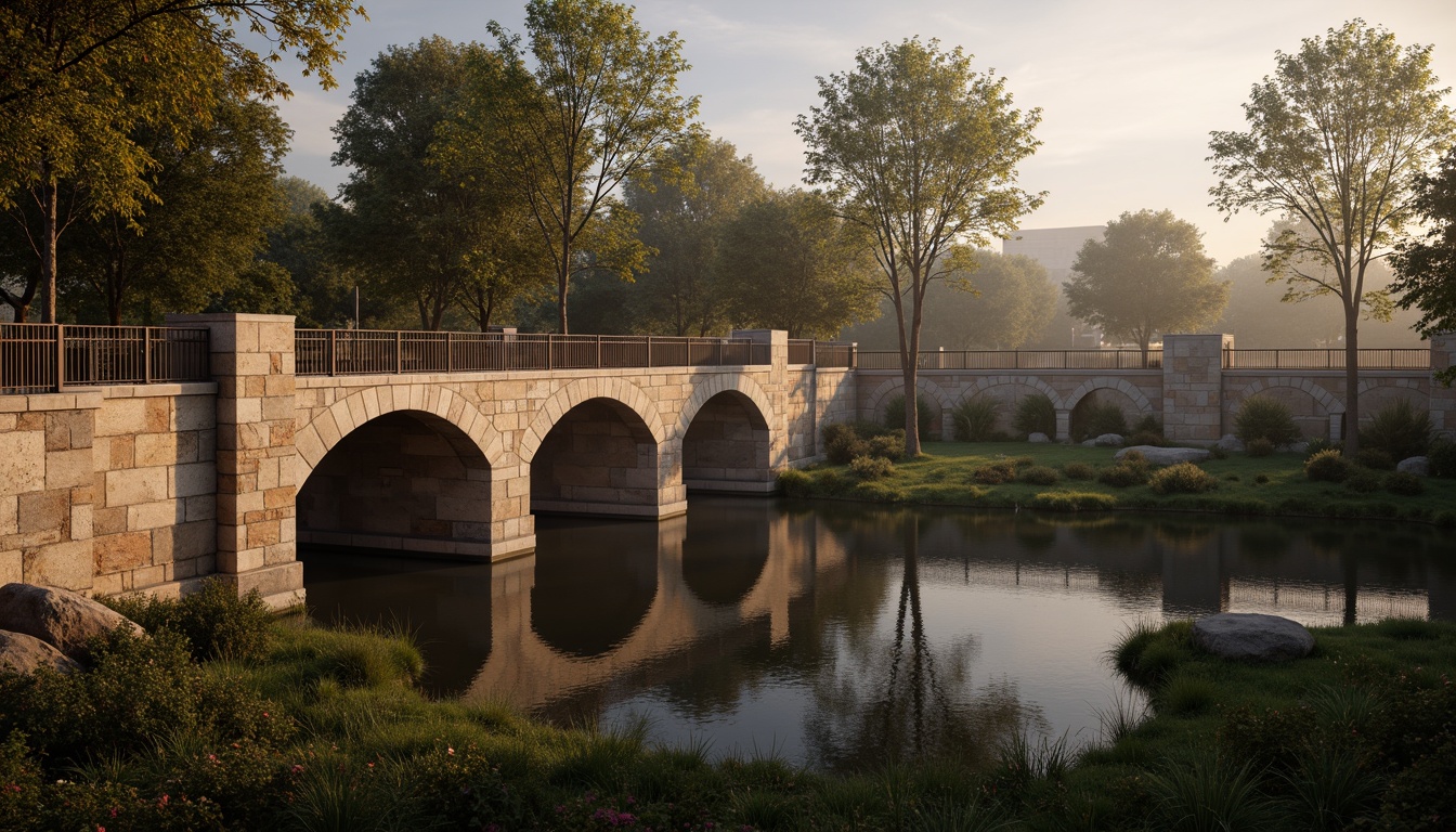 Prompt: Timeless bridge architecture, rustic stone walls, ornate metal railings, weathered wooden accents, earthy brown tones, muted greenery, soft misty atmosphere, warm golden lighting, subtle gradient effects, realistic textures, ambient occlusion, 1/1 composition, symmetrical framing, serene water reflections, gentle river flow, lush vegetation, natural stone piers, classic ornamental details, elegant arches, refined lines, sophisticated simplicity.