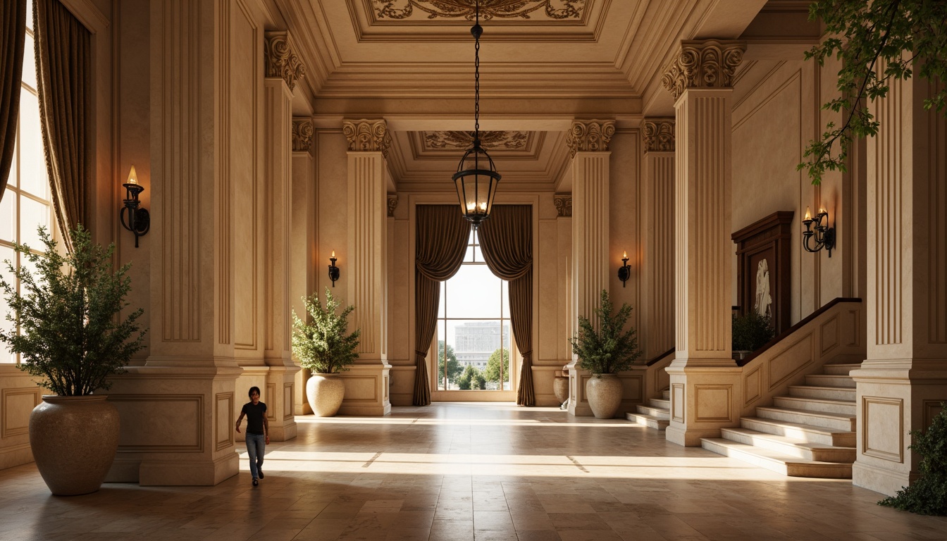 Prompt: Elegant classical architecture, ornate columns, carved stone details, symmetrical facades, grand entranceways, sweeping staircases, rich wood tones, luxurious fabrics, muted earthy colors, soft golden lighting, warm beige walls, creamy marble floors, subtle texture overlays, realistic material reflections, atmospheric perspective, 2/3 composition, cinematic camera angles.