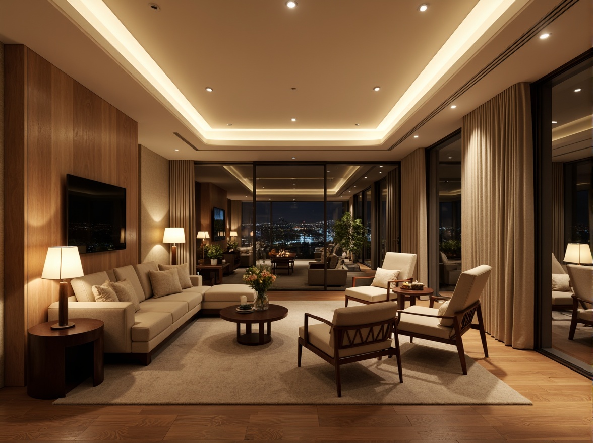 Prompt: Elegant living room, warm ambient lighting, soft glowing lamps, comfortable seating area, rich wood furniture, luxurious fabrics, subtle color palette, sophisticated decor, floor-to-ceiling windows, natural daylight, layered lighting scheme, recessed ceiling lights, table lamps, floor lamps, LED strip lights, cozy reading nook, relaxing atmosphere, warm beige tones, creamy whites, soft pastels, 1/1 composition, shallow depth of field, realistic textures, ambient occlusion.