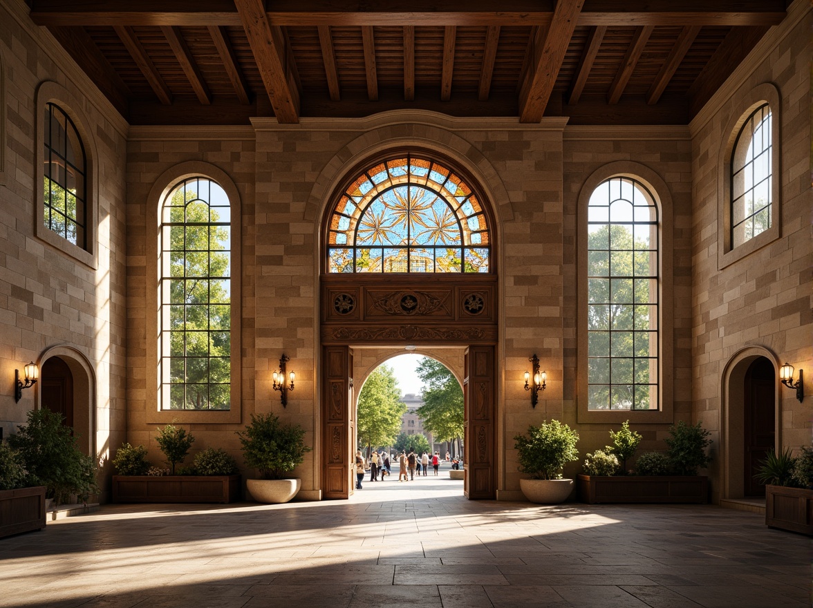 Prompt: Rustic stone walls, arched windows, ornate carvings, grand entrance halls, high ceilings, wooden beams, vintage lanterns, stained glass details, earthy color palette, natural light pouring in, warm afternoon ambiance, shallow depth of field, 1/1 composition, symmetrical framing, realistic textures, ambient occlusion.